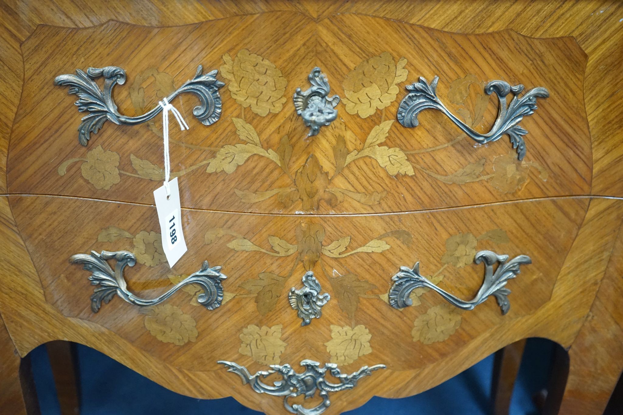 A Louis XVI design marquetry inlaid marble top serpentine petite commode, width 80cm, depth 42cm, height 78cm